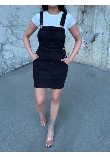 Shevega Kadın Siyah Ucu Kesik Kanguru Cep Etekli Bahçivan Kot Tulum Siyah