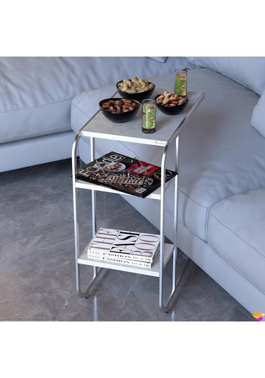 Modilayn C Yan Sehpa Dar Boy Tekerlekli Çalışma, Atıştırmalık, Yemek, Laptop Sehpası Çiçekli Beyaz Beyaz