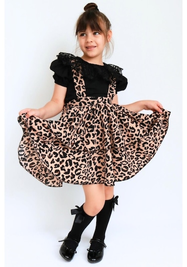 Kız Çocuk Helen Leopar Askılı Kat Kat Bağlama Jile Elbise Dantel Detay Kısa Kollu Bluz Takım