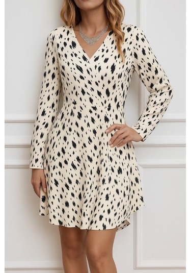 Tua Moda Kadın Uzun Kollu V Yakalı Desenli Kısa Keten Elbise Bej