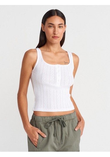 Dilvin 21069 Düğmeli Kare Yaka Top-beyaz Beyaz