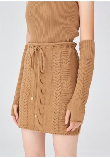 Peraluna Saç Örgü Desenli Kadın Triko Etek Camel