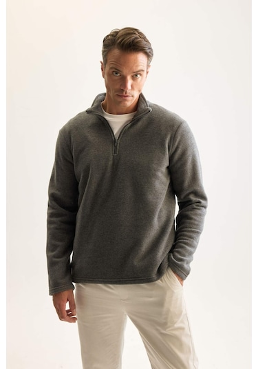 DeFacto Antrasit Tüylenme Yapmayan Soğuk Geçirmez Regular Fit Dik Yaka Fermuarlı Polar Sweatshirt Y3996AZNSAR198