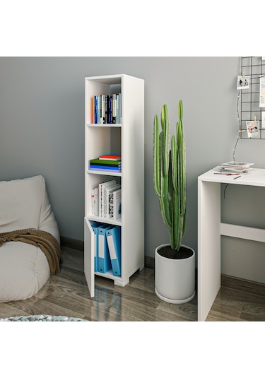 Kuzey 4 Raflı, Kapaklı Minimal Beyaz Kitaplık