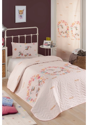 Enlora Home Kapitone Yatak Örtüsü Seti Tek Kişilik Unicornlar Pembe