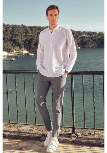 Morven Erkek Beyaz Pamuk Baskılı Desenli İtalyan Yaka Regular Fit Gömlek Beyaz