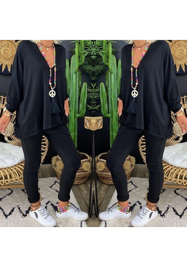 Kadın Uzun Kollu Derin V Yaka Ön Kısa Arka Uzun Viskon Bluz Siyah