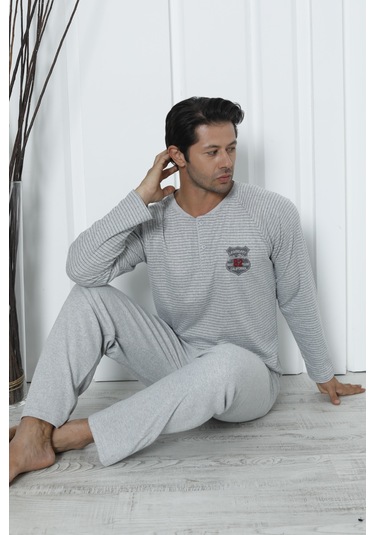 Falkom 5003 İnterlok Kalın Kışlık Çizgili Erkek Ev Pijama Takımı Gri