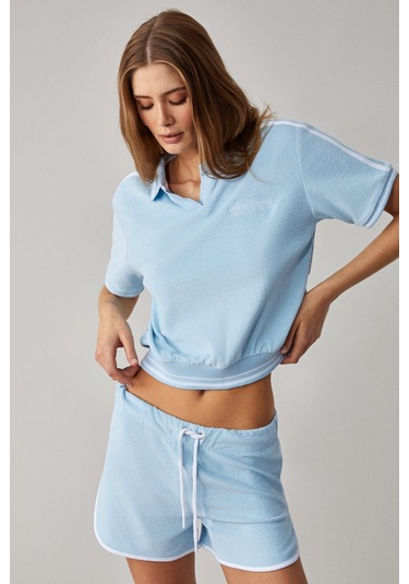 DZENKA Kadın Oversize Geniş Paça Yüksek Bel Mavi Alt-Üst Takım