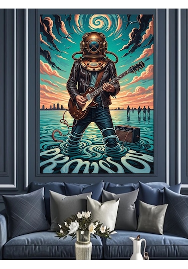 Karizma Tablo Gitar Çalan Balık Adam Dekoratif Kanvas - Mdf Ahşap Tablo