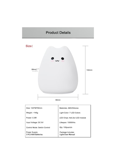 Tenfowee Kedi Şekilli Silikon Gece Lambası - 7 Renkli Stroboskop Işığı, G&uuml Venli Malzeme, Yatak Odası Dekorasyonu Hediye Beyaz