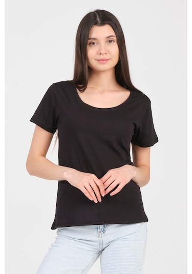 As Collection Siyah Kayık Yaka Kısa Kol Örme Kadın T-shirt Siyah