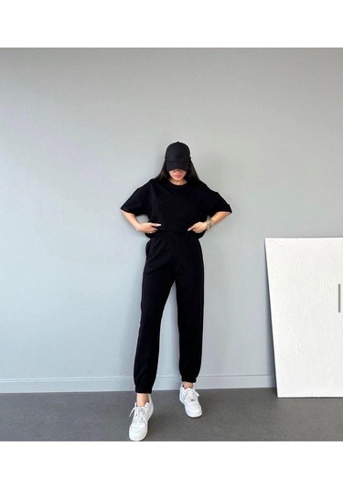 Basic T-shirt Eşofman Altı Jogger Siyah Düz Alt Üst Eşofman Takımı Oversize Bisiklet Yaka Siyah