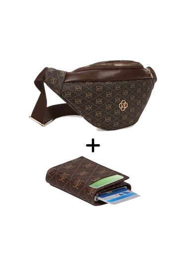 Newish Polo Kadın Desenli Mekanizmalı Cüzdan Ve Çapraz Omuz Askılı Bel Ve Omuz Çantası New345- Kahve - Kahve