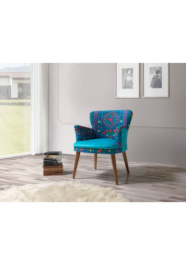 Azra Mobilya - Roma Çay Seti Koltuk Takımı - Etnik Desen Kumaş - Ahşap Demonte Ayak Etnik Desen - Turkuaz