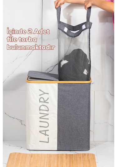 Porsima Mio-103 Bambu 2 Bölmeli Banyo Kirli Çamaşır Sepeti Banyo Düzenleyici Sepet 59x53,5 Cm Renkli