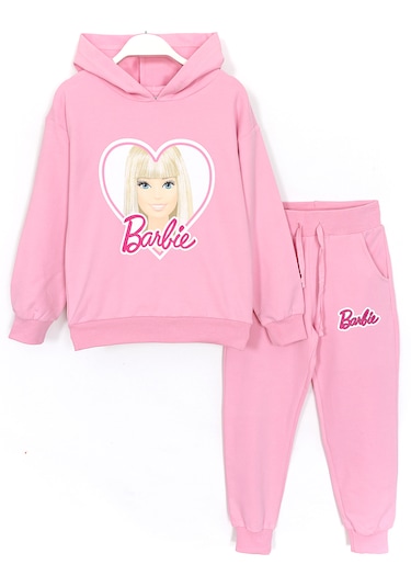 Uzun Kollu Kapüşonlu Barbie Baskılı Kız Çocuk Eşofman Takımı Pemb Pembe