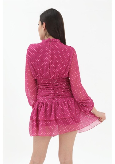 Büzgülü Puantiyeli Şifon Elbise - Fuşya-fuşya Fuşya