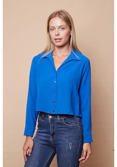 Kadın Likrasız Şık Kumaş Yakalı Uzun Kol Kısa Gömlek-Sax Sax