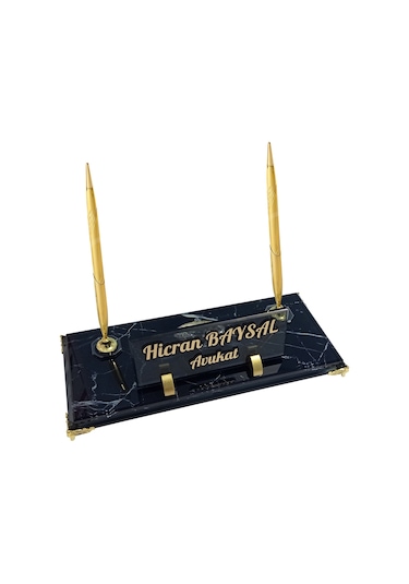 Sentez Siyah Mermer Desenli Vip Kristal Masa Üstü İsimlik