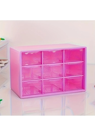 Dashanshop Pembe 9 Parça Şeffaf Çekmeceli Set Takı Kozmetik Ofis Mutfak Organizatörü Pembe