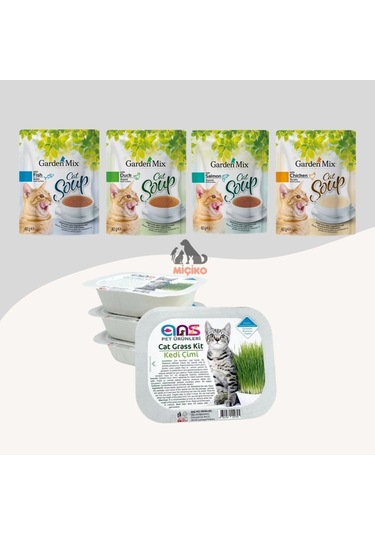 Kediler İçin Ödül Seti1 4 Farklı Aromalı Kedi Çorbası + Kedi Çimi