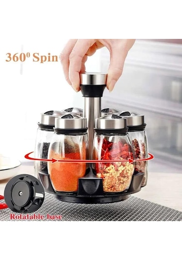 Kompakt Cam Ve Paslanmaz Çelik Baharat Kavanozu Seti Döner Raflı - Düzenli Mutfak Depolama İçin 7 Kavanoz Beyaz