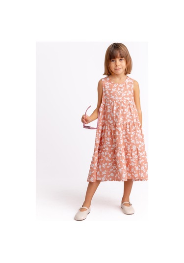 Kat Kat Çiçekli Müslin Kız Çocuk Elbise Gül Kurusu Gülkurusu