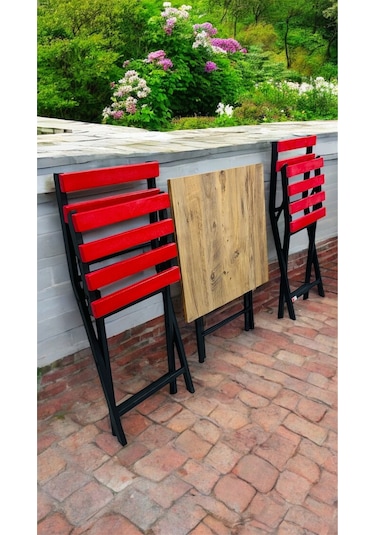 Balkon Bahçe Mutfak 3'lü Bistro Set Katlanır Masa Sandalye 60x60 Kırmızı