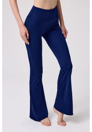 Lacivert Yüksek Bel Çift Cepli İspanyol Paça Kadın Tayt Lacivert