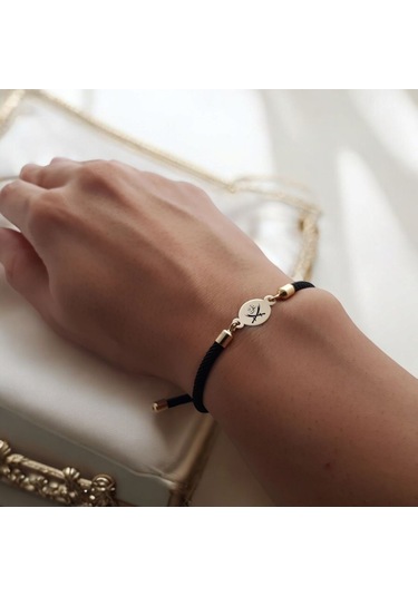 Oval Motifli İpek Örgülü 14 Ayar Altın Plakalı Zülfikar Sembollü Hediye Bileklik-320sembol-siyah Altın