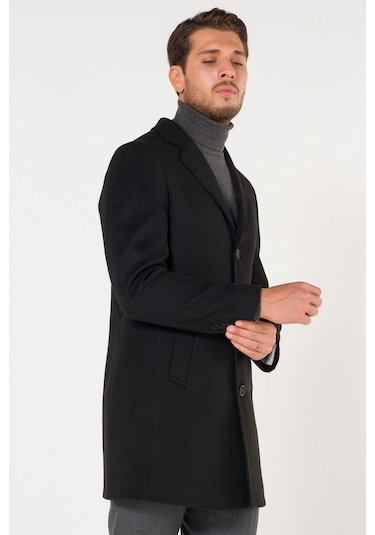 Slimfit V Yaka Kışlık Siyah Kaşe Kaban Palto Renkleri Mevcut-Siyah