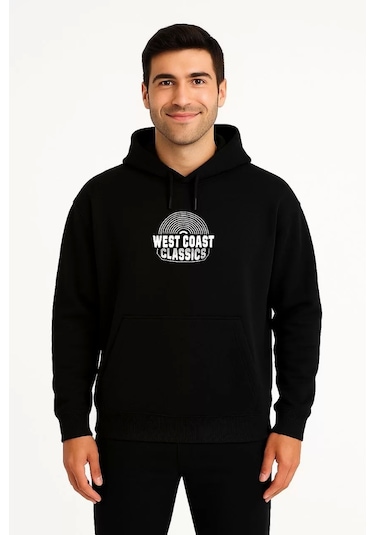 Erkek Üç İplik Kapüşonlu Ön Ve Arka Baskılı Sweatshirt Hoodie - Siyah Siyah