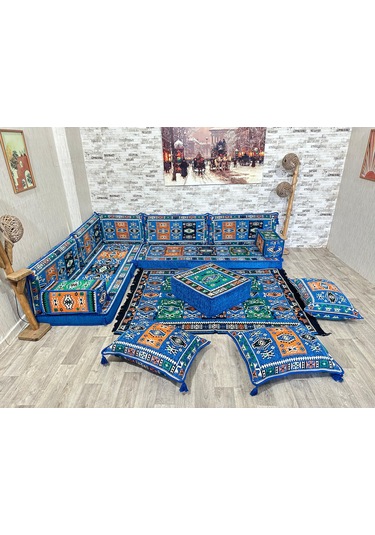 Coton Şark Köşesi Milas Desenli Köşe Takımı Mavi