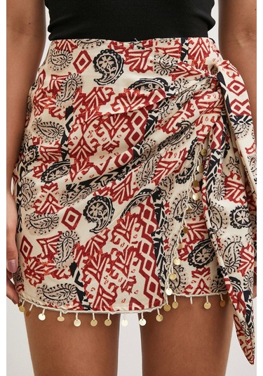 Never More Pul Aksesuarlı Bağlamalı Mini Etek Bej