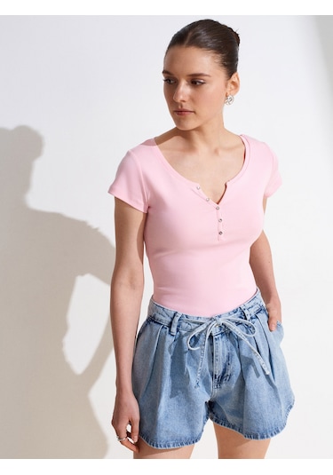 Dilvin 32688 %100 Pamuk Basic T-shirt-toz Pembe