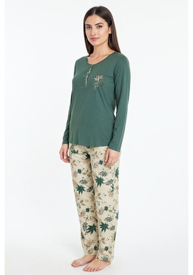 Üstü Yazılı Altı Yaprak Desenli Elite Viscose Uzun Pijama Takımı Yeşil 3565 Yeşil
