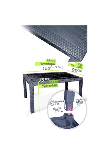 Bambu Pro 90x150cm Rattan Bahçe Balkon Masa Takımı 6 Kişilik Camsız Set Antrasit