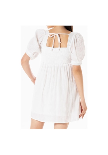 Kısa Kol Lara Kare Yaka Bağlama Detaylı Yazlık Müslin Elbise Beyaz Byz-beyaz
