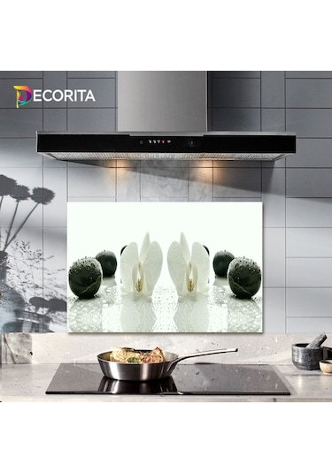 Decorıta Cam Ocak Arkası Koruyucu | Beyaz Orkide Siyah Oniks