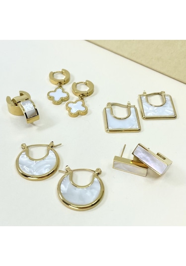 Kare Sedef Taşlı Çelik Küpe