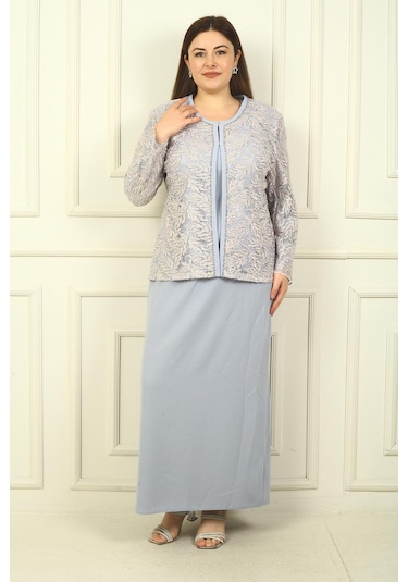 Yakası Boncuk Nakışlı Uzun Elbise Boncuk Pul Nakışlı Ceket Astarlı Büyük Beden 2'li Takım-38925 Gri Yakası Boncuk Nakışlı Uzun Elbise Boncuk Pul Nakışlı Ceket Astarlı Büyük Beden 2'li Takım-38925 Gri