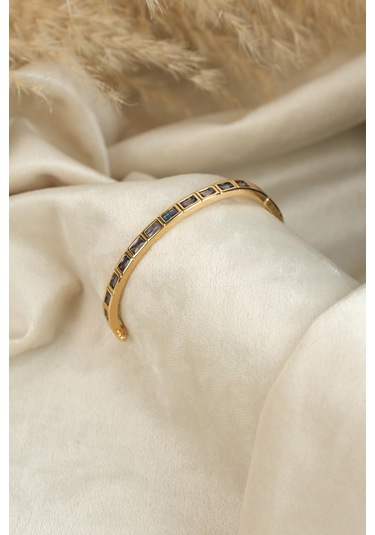 Çildan Womens Gold Özel Tasarım Mavi Taşlı Kelepçe Bileklik Altın - Gümüş