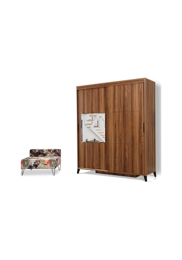 Pasifichome Huga Sürgülü Gardırop Ceviz 160Cm / 2 Kapaklı Çekmeceli Dolap