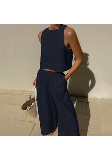 Rahat Yaz Iki Parçalı Set Kolsuz Kıyafetler O Boyun Üstleri Ve Gevşek Geniş Bacak Pantolon Seti Kadın Katı 2 Parça Takım Elbise Giysileri 27723 Lacivert