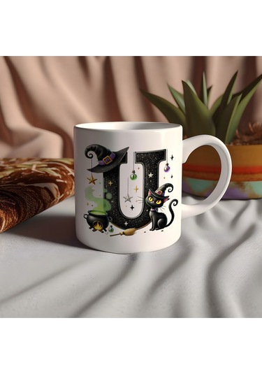 U Harfli Halloween Kedili Figür Kupa Bardak - Şapkalı Ve Kazanlı İsme Özel Kupa - Hediye 07 Beyaz