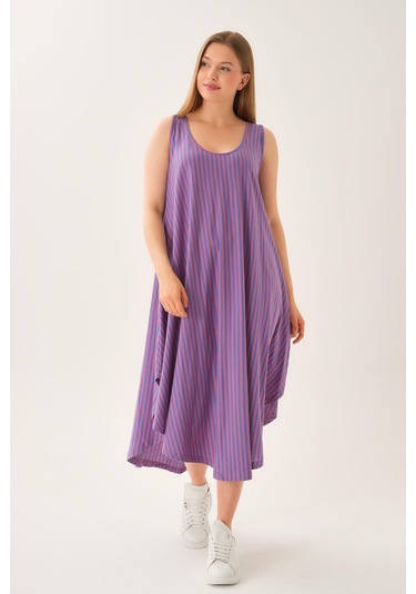 Asimetrik Kesim Çizgili Kolsuz Elbise Mor