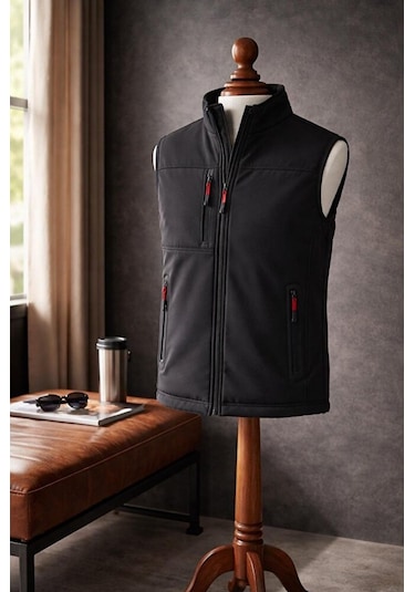 Vatan Tekstil Dik Yaka Slim Fit 3 Cepli Softshell Erkek Yelek Su İtici Kumaş Siyah Vatan Tekstil Dik Yaka Slim Fit 3 Cepli Softshell Erkek Yelek Su İtici Kumaş Siyah