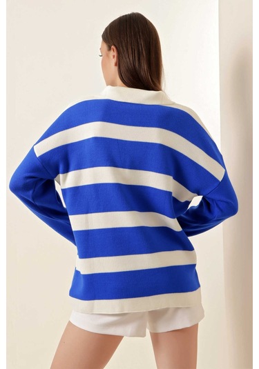 Gabria Fermuarlı Çizgili Kazak Saks