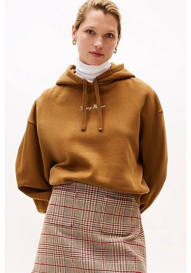 Kadın Rahat Kalıp Düşük Omuzlu Kapüşonlu Sweatshirt - Tarçın Highland Khaki